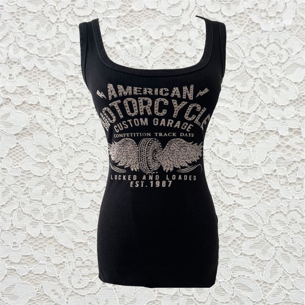 vintage y2k full length fitted tank top with rhinestone motorcycle graphic